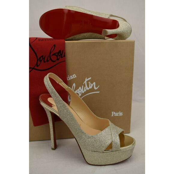 LOUBOUTIN POSTDAM 130 IVORY GOLD GLITTER LEATHER SLING BACK PLATFORM PUMPS 40.5 - Picture 4 of 12